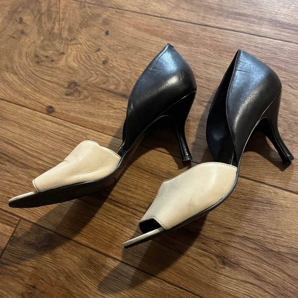 Nine West Two-Tone Black and Cream Peep-Toe Heels
